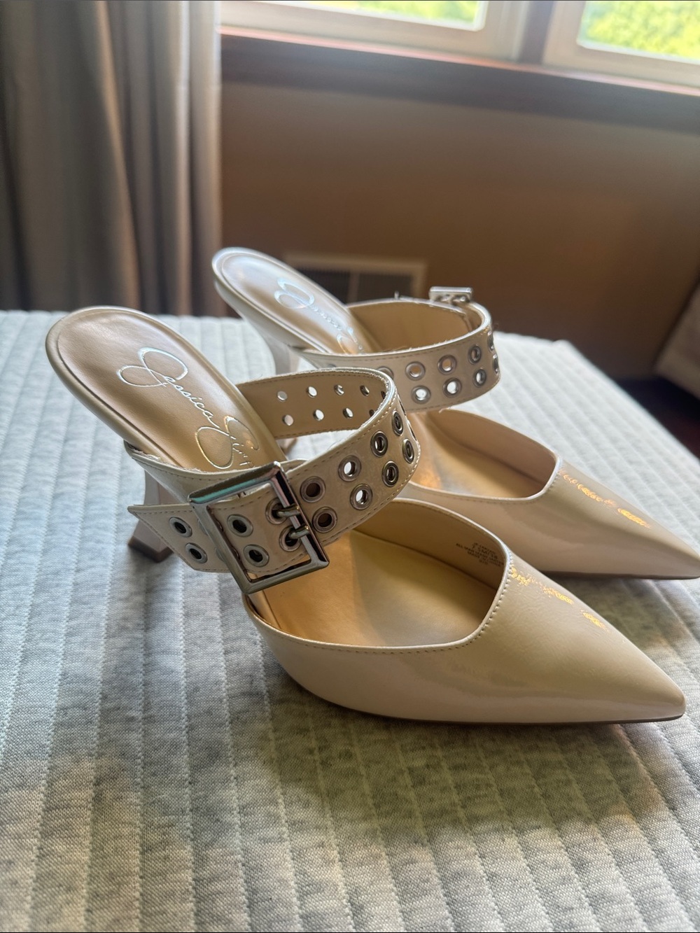 Jessica Simpson Ivory Patent Pointed Mule Heels with Grommet Buckle